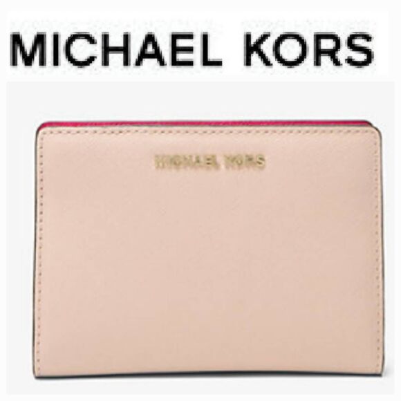 Michael Kors Jet Set Charm Medium Snap Carryall Leather Wallet- Soft Pink/Multi - Picture 1 of 9